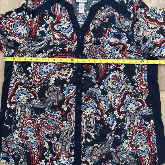 Catherines Blouse Womens 2X Paisley 3/4 Sleeve V-Neck Button Up Tunic Flowy Navy - Picture 10 of 12